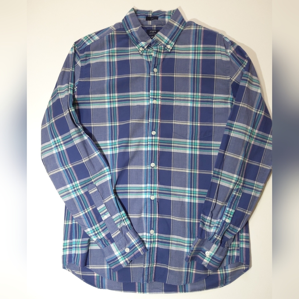 J.Crew Mens Button Down Medium Blue Green‎ Summer Plaid Slim Fit Preppy Casual